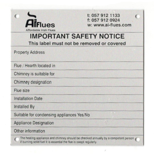 Chimney Notice Plate - AI-Flues Ltd 